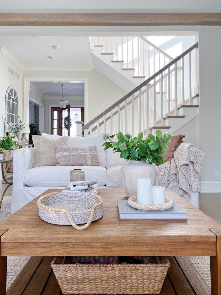 coffee table styling with faux greenery