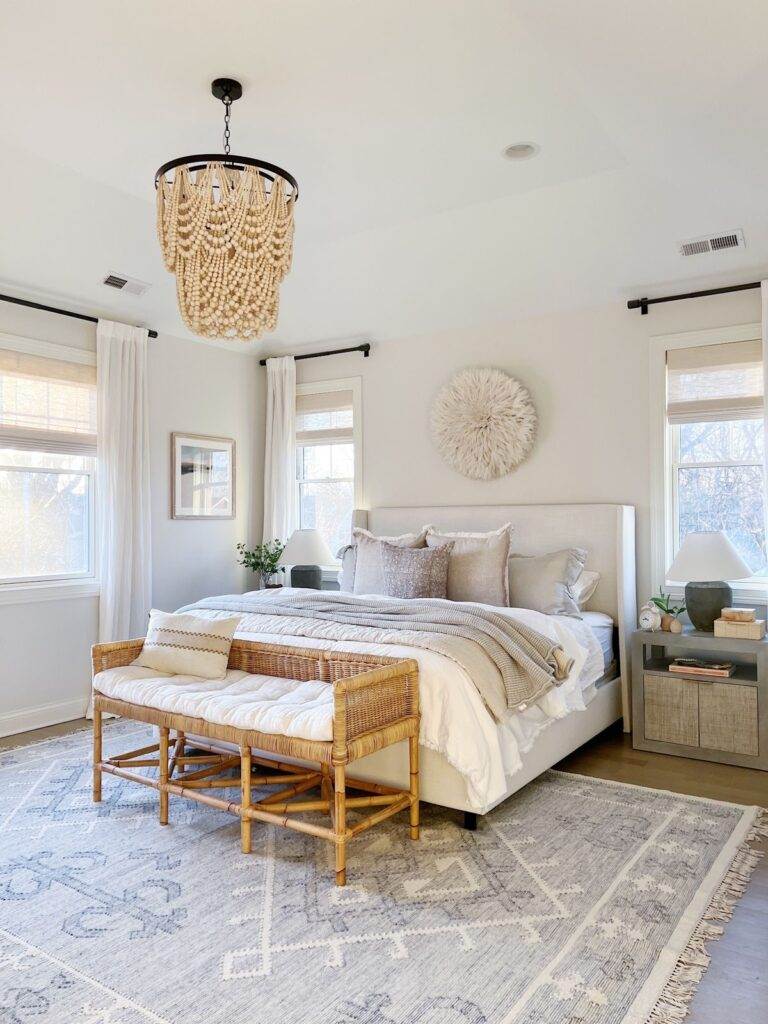 primary bedroom features wayfair upholstered bed in zuma white | Wayfairs Way Day Sale 2022